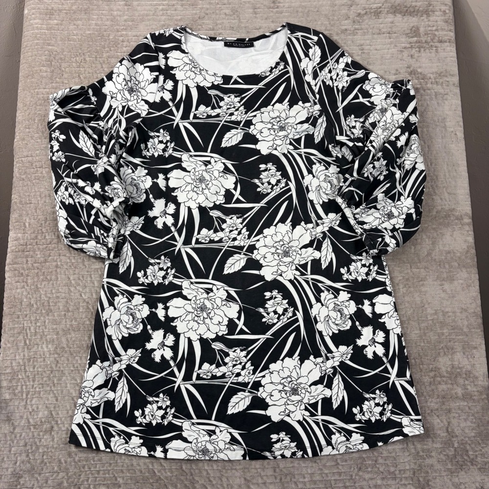 Bryn Walker Long Sleeve Lantern Floral Mini Dress Black Cream Small Made in USA